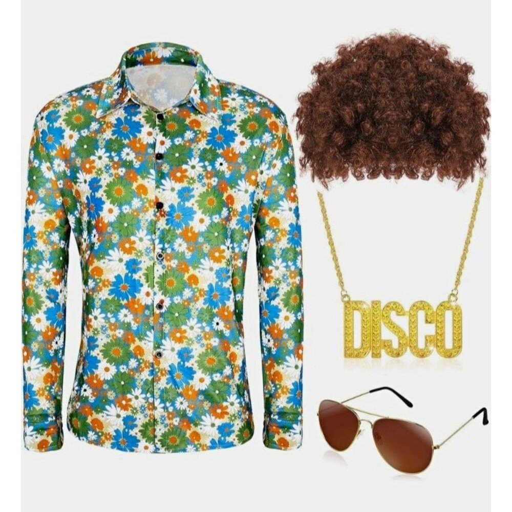 4-pc Disco Costume Set Multicolor Floral Shirt Wig Chain Glasses Men's S